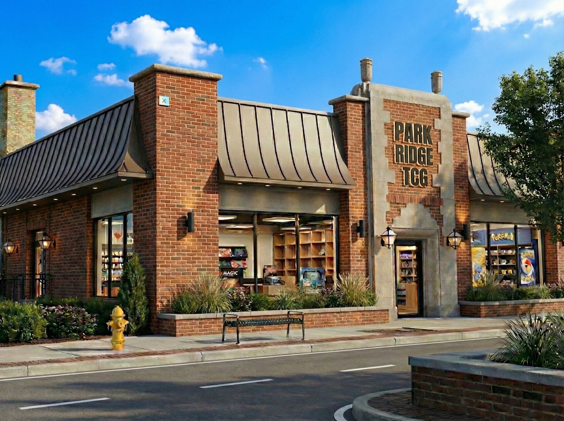 Park Ridge TCG storefront concept — daytime view of brick facade with large windows