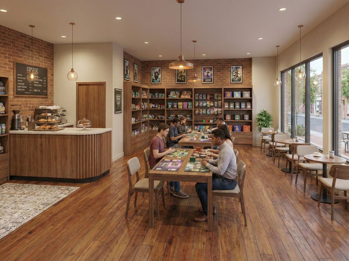 Park Ridge TCG interior concept — community play tables with natural light and coffee bar